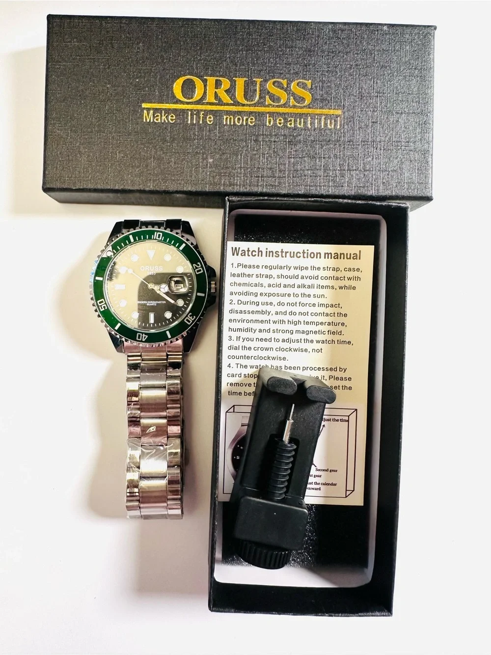 NWT Oruss 1853 Quartz Green Bezel UNTESTED  Bracelet Watch/ with Tool